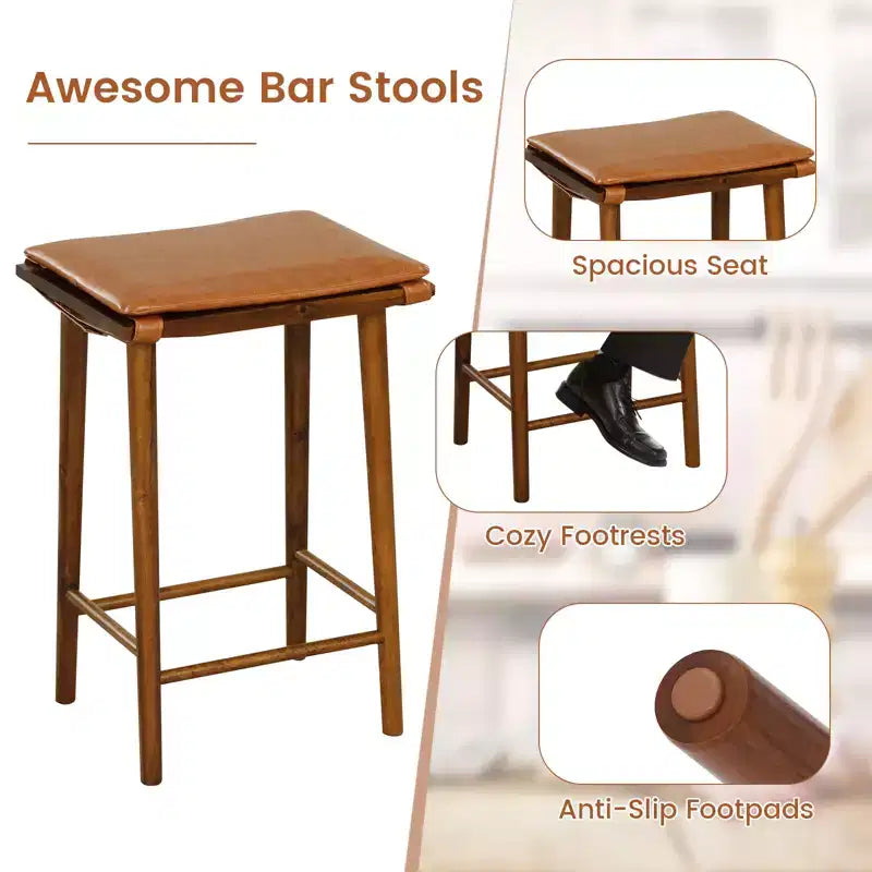 Costway Tabouret de Bar 65 cm, Lot de 2 Tabourets de Bar de Salle à Manger avec Repose-Pieds et Coussin Amovible, Cadre en Bois de Caoutchouc et Bois d'Acacia