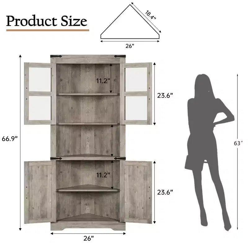 67 Tall Corner Storage Cabinet, Farmhouse Corner Hutch Display Cabinet with Glass Doors, Wooden Storage Organizer