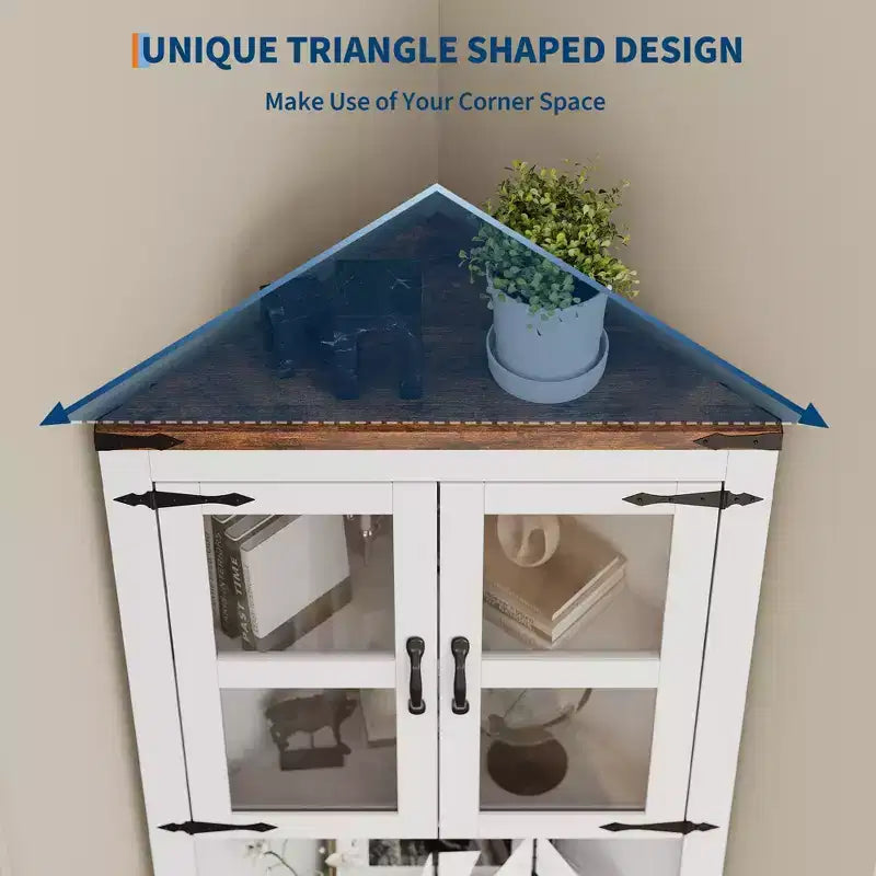 67 Tall Corner Storage Cabinet, Farmhouse Corner Hutch Display Cabinet with Glass Doors, Wooden Storage Organizer
