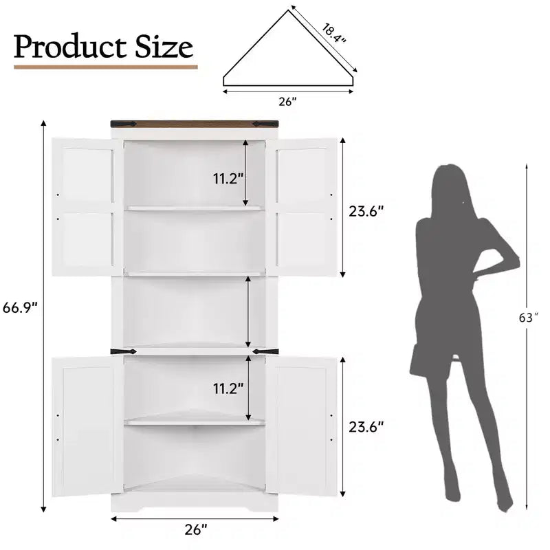 67 Tall Corner Storage Cabinet, Farmhouse Corner Hutch Display Cabinet with Glass Doors, Wooden Storage Organizer