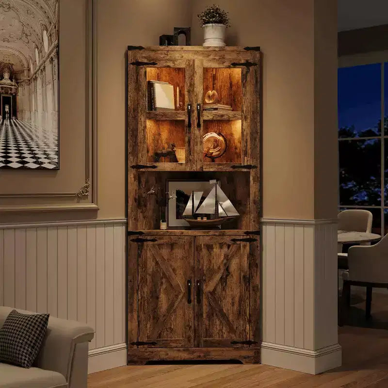 67 Tall Corner Storage Cabinet, Farmhouse Corner Hutch Display Cabinet with Glass Doors, Wooden Storage Organizer