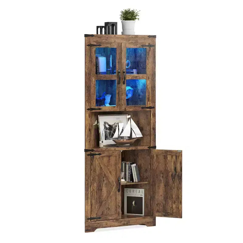 67 Tall Corner Storage Cabinet, Farmhouse Corner Hutch Display Cabinet with Glass Doors, Wooden Storage Organizer