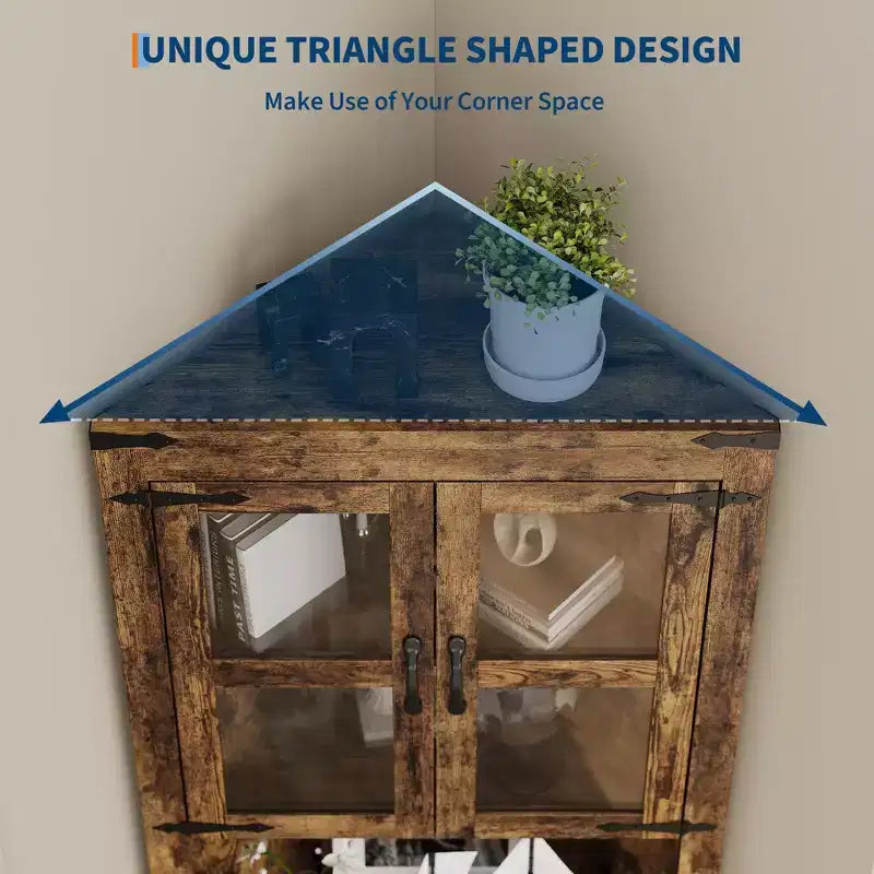 67 Tall Corner Storage Cabinet, Farmhouse Corner Hutch Display Cabinet with Glass Doors, Wooden Storage Organizer