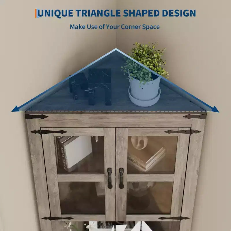 67 Tall Corner Storage Cabinet, Farmhouse Corner Hutch Display Cabinet with Glass Doors, Wooden Storage Organizer