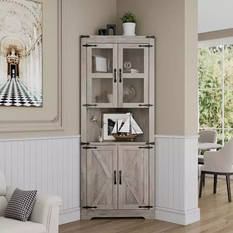 67 Tall Corner Storage Cabinet, Farmhouse Corner Hutch Display Cabinet with Glass Doors, Wooden Storage Organizer