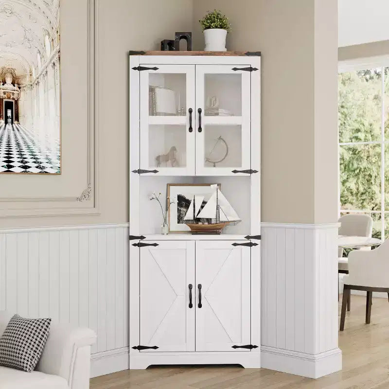67 Tall Corner Storage Cabinet, Farmhouse Corner Hutch Display Cabinet with Glass Doors, Wooden Storage Organizer