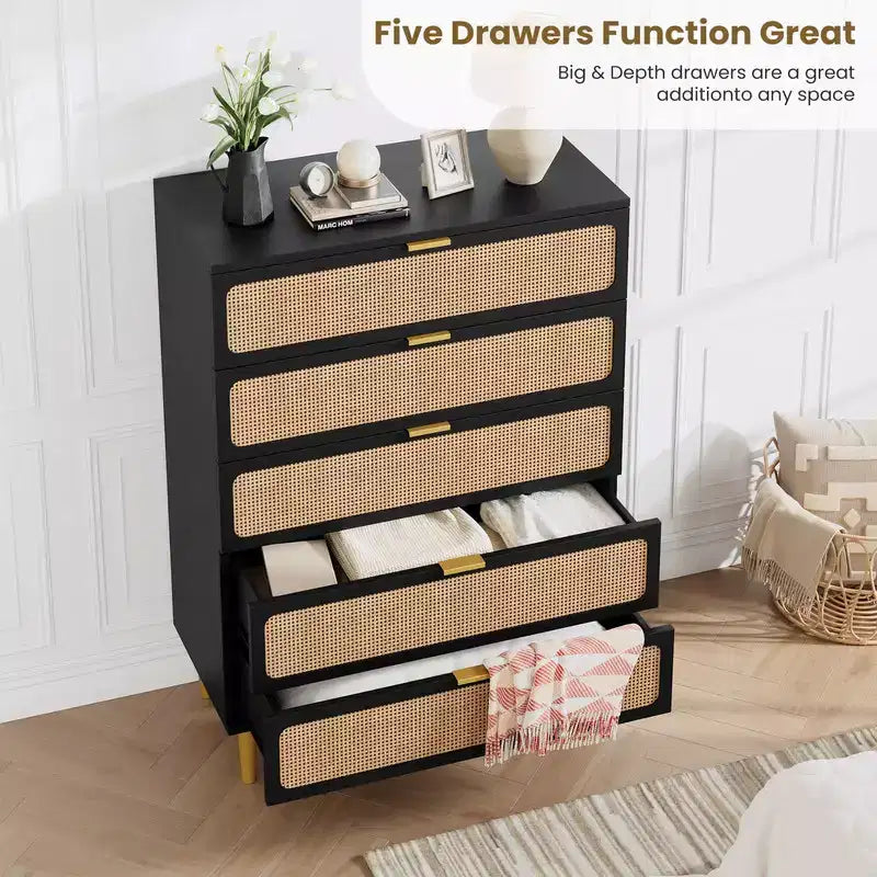 Commode 5 tiroirs en rotin pour chambre à coucher, grande commode en bois avec large plateau pour chambre à coucher, salon, couloir ou chambre d'enfant