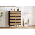Commode 5 tiroirs en rotin pour chambre à coucher, grande commode en bois avec large plateau pour chambre à coucher, salon, couloir ou chambre d'enfant