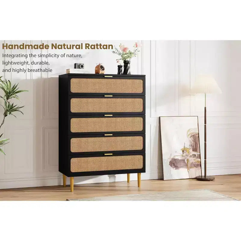 Commode 5 tiroirs en rotin pour chambre à coucher, grande commode en bois avec large plateau pour chambre à coucher, salon, couloir ou chambre d'enfant