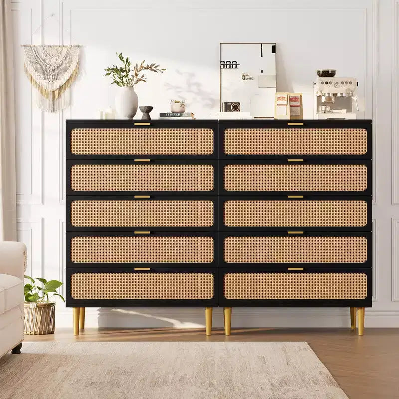Commode 5 tiroirs en rotin pour chambre à coucher, grande commode en bois avec large plateau pour chambre à coucher, salon, couloir ou chambre d'enfant