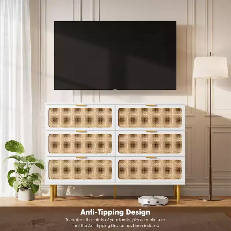Commode 5 tiroirs en rotin pour chambre à coucher, grande commode en bois avec large plateau pour chambre à coucher, salon, couloir ou chambre d'enfant