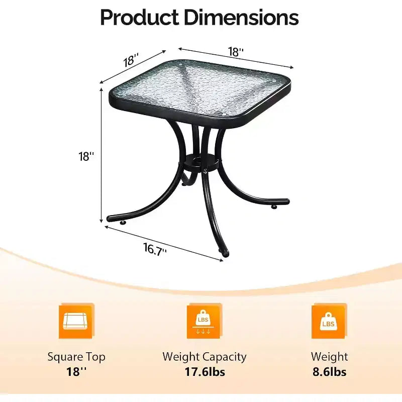 VINGLI Table d'appoint d'extérieur, Table de patio de 18 po avec cadre en acier et plateau en verre trempé, Petites tables résistantes aux intempéries pour balcon, jardin, piscine