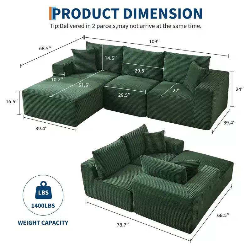 Sectional Sofa - L Shaped Boneless Cloud Couch with 67.5 Chaise, Reversible L/R Facing, No Assembly Required, Corduroy Fabric
