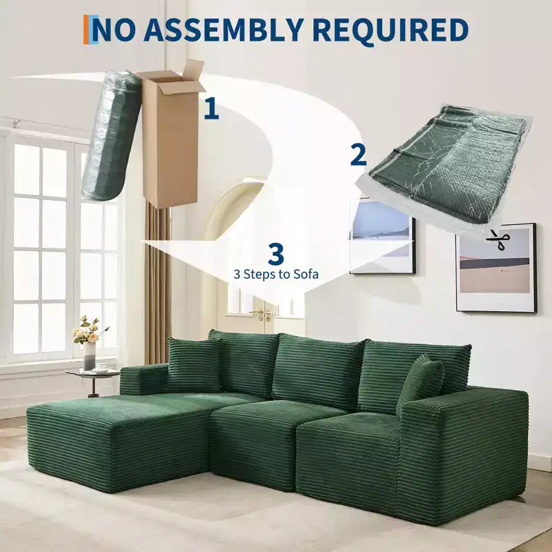 Sectional Sofa - L Shaped Boneless Cloud Couch with 67.5 Chaise, Reversible L/R Facing, No Assembly Required, Corduroy Fabric