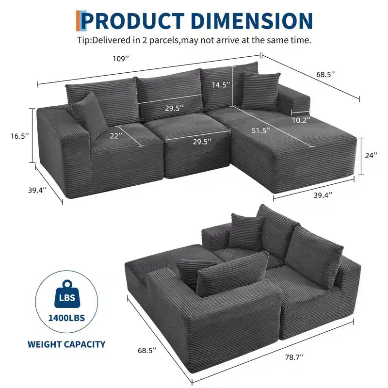 Sectional Sofa - L Shaped Boneless Cloud Couch with 67.5 Chaise, Reversible L/R Facing, No Assembly Required, Corduroy Fabric