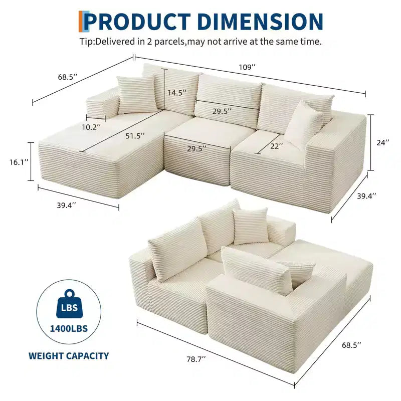 Sectional Sofa - L Shaped Boneless Cloud Couch with 67.5 Chaise, Reversible L/R Facing, No Assembly Required, Corduroy Fabric