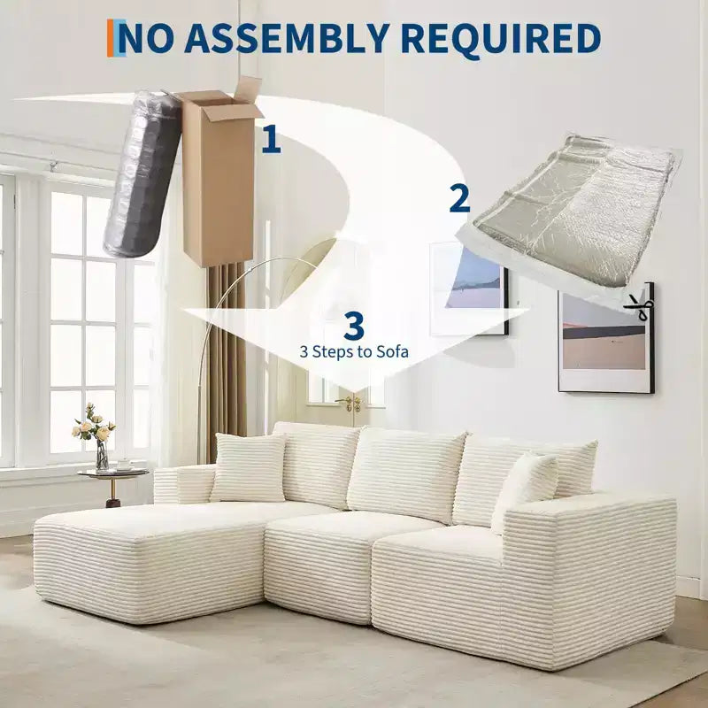 Sectional Sofa - L Shaped Boneless Cloud Couch with 67.5 Chaise, Reversible L/R Facing, No Assembly Required, Corduroy Fabric