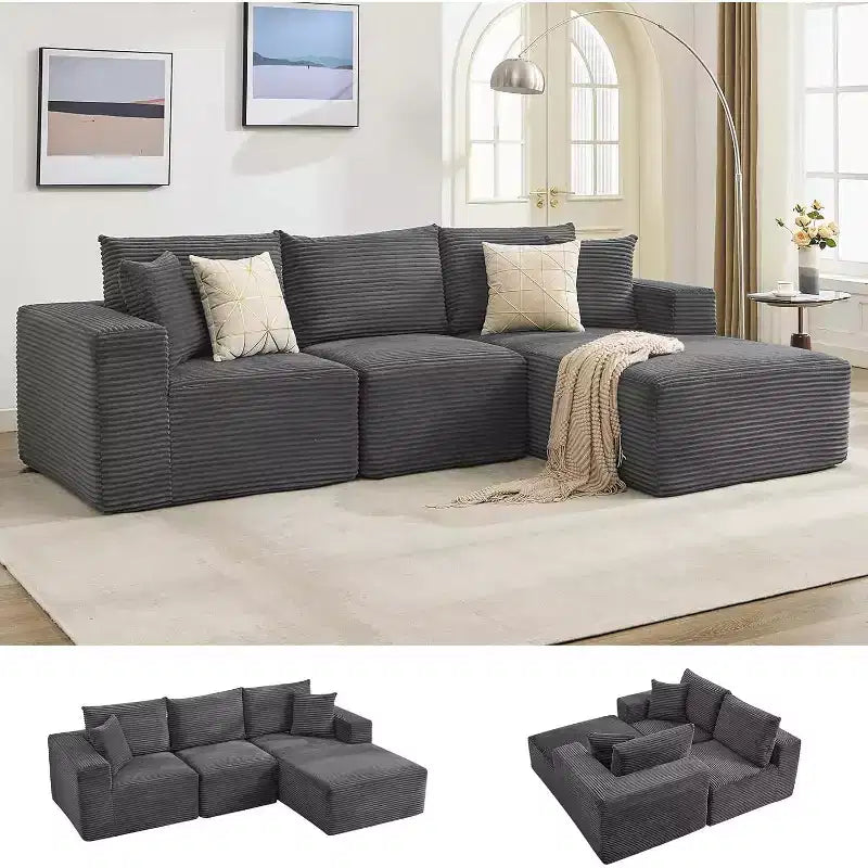 Sectional Sofa - L Shaped Boneless Cloud Couch with 67.5 Chaise, Reversible L/R Facing, No Assembly Required, Corduroy Fabric