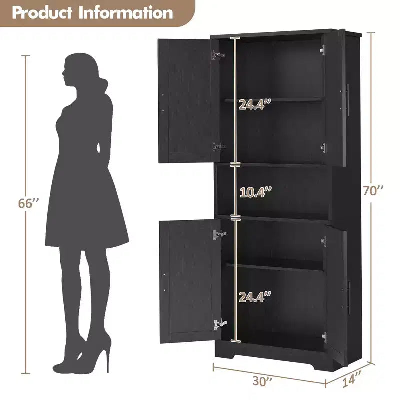 Meuble de cuisine CuisinSmart de 70 pouces de haut, Armoire de rangement sur pied avec 4 portes et étagères réglables, Grand meuble en bois pour bar à café et rangements utilitaires
