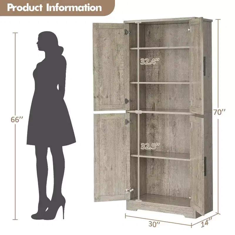 Meuble de cuisine CuisinSmart de 70 pouces de haut, Armoire de rangement sur pied avec 4 portes et étagères réglables, Grand meuble en bois pour bar à café et rangements utilitaires