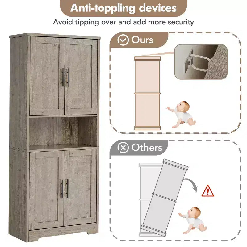 Meuble de cuisine CuisinSmart de 70 pouces de haut, Armoire de rangement sur pied avec 4 portes et étagères réglables, Grand meuble en bois pour bar à café et rangements utilitaires