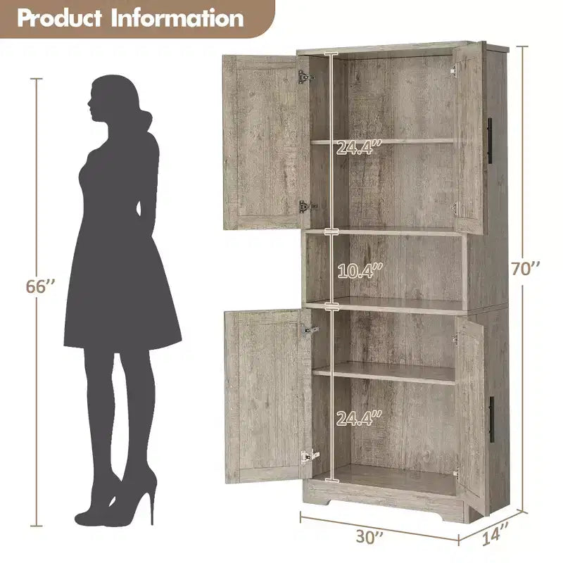 Meuble de cuisine CuisinSmart de 70 pouces de haut, Armoire de rangement sur pied avec 4 portes et étagères réglables, Grand meuble en bois pour bar à café et rangements utilitaires