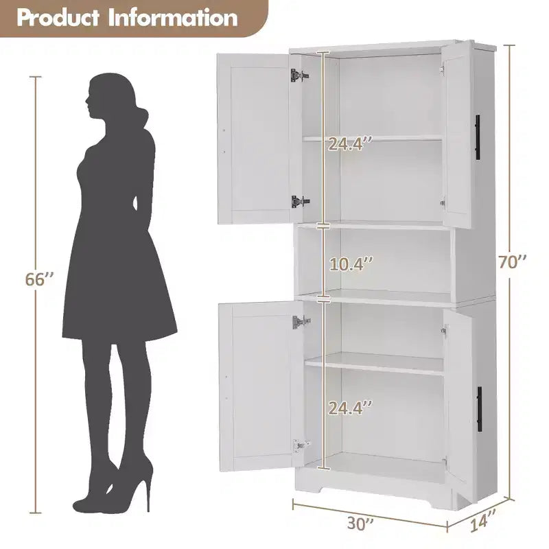 Meuble de cuisine CuisinSmart de 70 pouces de haut, Armoire de rangement sur pied avec 4 portes et étagères réglables, Grand meuble en bois pour bar à café et rangements utilitaires