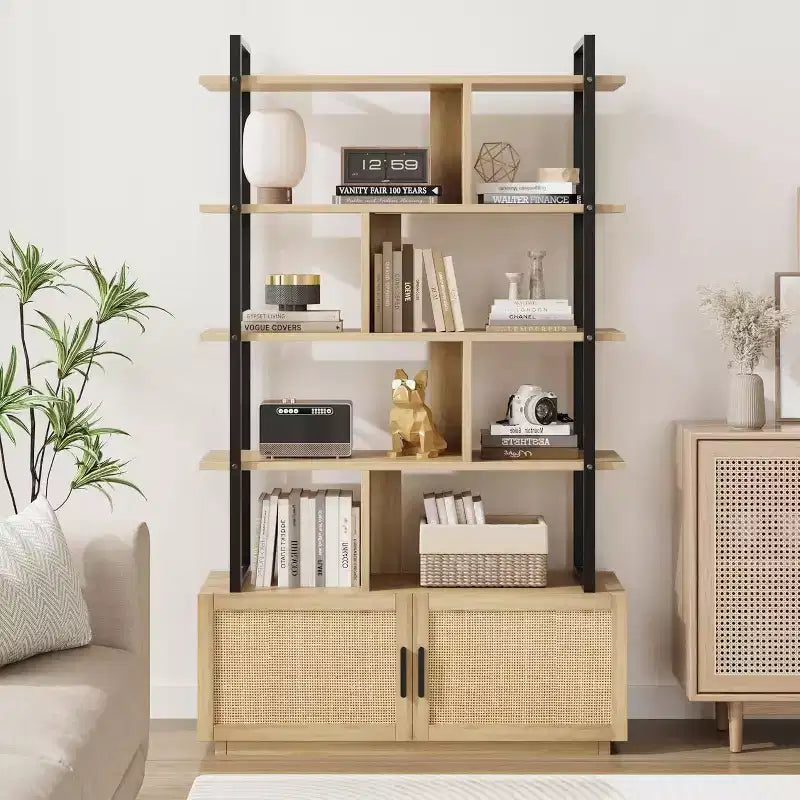 Acekool 71 Bibliothèque en rotin à 5 niveaux avec armoire et porte, étagère industrielle à cadre métallique pour salon et chambre à coucher