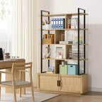 Acekool 71 Bibliothèque en rotin à 5 niveaux avec armoire et porte, étagère industrielle à cadre métallique pour salon et chambre à coucher