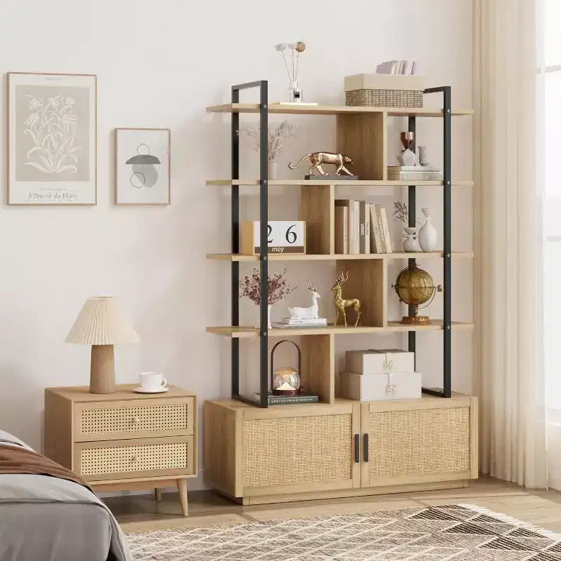 Acekool 71 Bibliothèque en rotin à 5 niveaux avec armoire et porte, étagère industrielle à cadre métallique pour salon et chambre à coucher