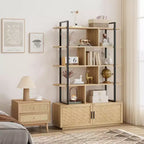 Acekool 71 Bibliothèque en rotin à 5 niveaux avec armoire et porte, étagère industrielle à cadre métallique pour salon et chambre à coucher