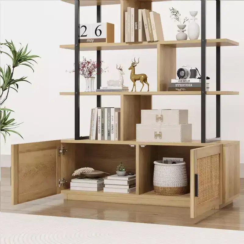 Acekool 71 Bibliothèque en rotin à 5 niveaux avec armoire et porte, étagère industrielle à cadre métallique pour salon et chambre à coucher