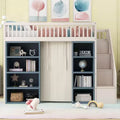 Whisen Full Size Loft Bed with Storage Cabinets & Curtain - White and Blue