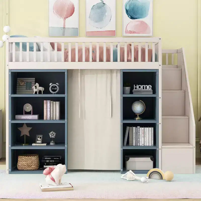 Whisen Full Size Loft Bed with Storage Cabinets & Curtain - White and Blue