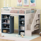 Lit mezzanine Whisen double avec rangements et rideau - Blanc et bleu