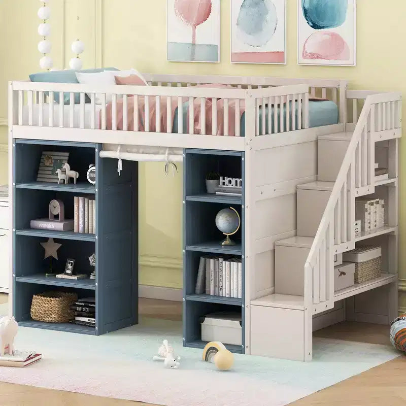 Lit mezzanine Whisen double avec rangements et rideau - Blanc et bleu