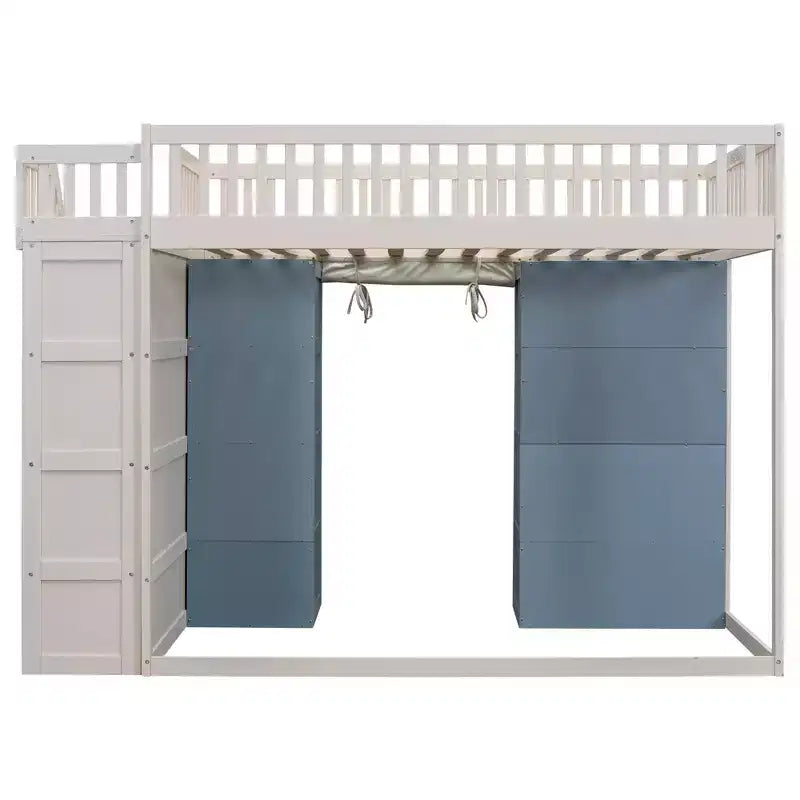 Lit mezzanine Whisen double avec rangements et rideau - Blanc et bleu