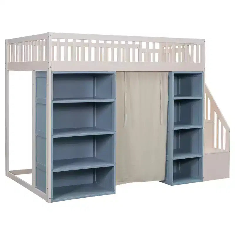 Lit mezzanine Whisen double avec rangements et rideau - Blanc et bleu
