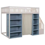 Lit mezzanine Whisen double avec rangements et rideau - Blanc et bleu