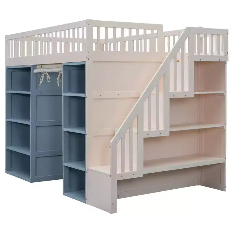Lit mezzanine Whisen double avec rangements et rideau - Blanc et bleu
