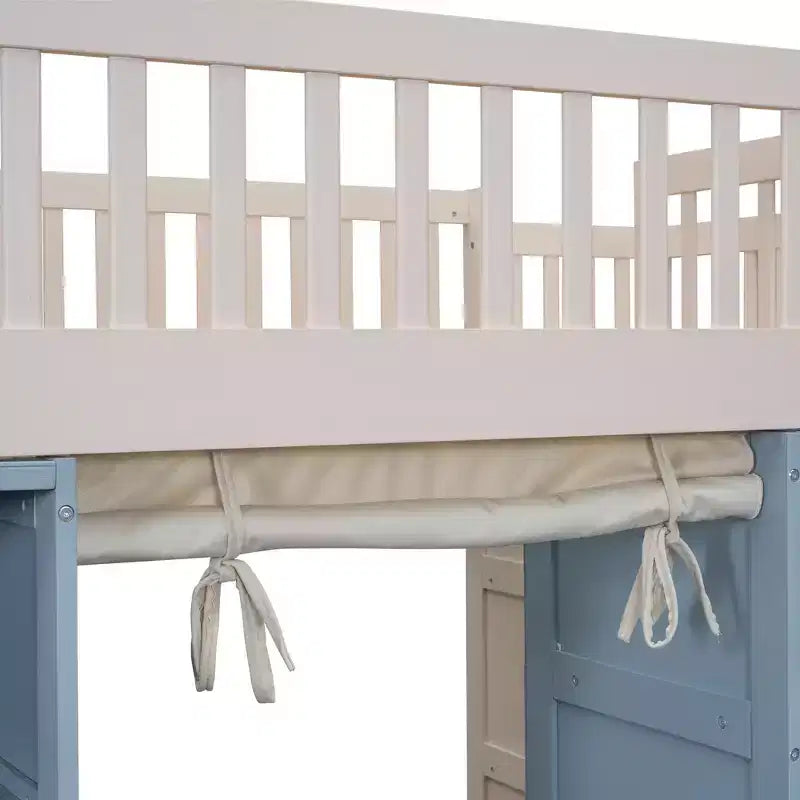 Lit mezzanine Whisen double avec rangements et rideau - Blanc et bleu
