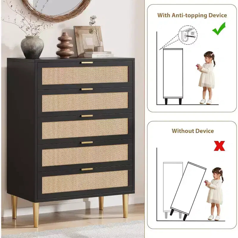 Commode 5 tiroirs en rotin 44, commode étroite et haute, commode verticale en bois de style ferme noire avec pieds et poignées en métal pour chambre et salon