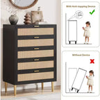 Commode 5 tiroirs en rotin 44, commode étroite et haute, commode verticale en bois de style ferme noire avec pieds et poignées en métal pour chambre et salon