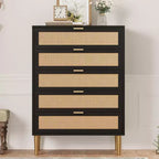 Commode 5 tiroirs en rotin 44, commode étroite et haute, commode verticale en bois de style ferme noire avec pieds et poignées en métal pour chambre et salon