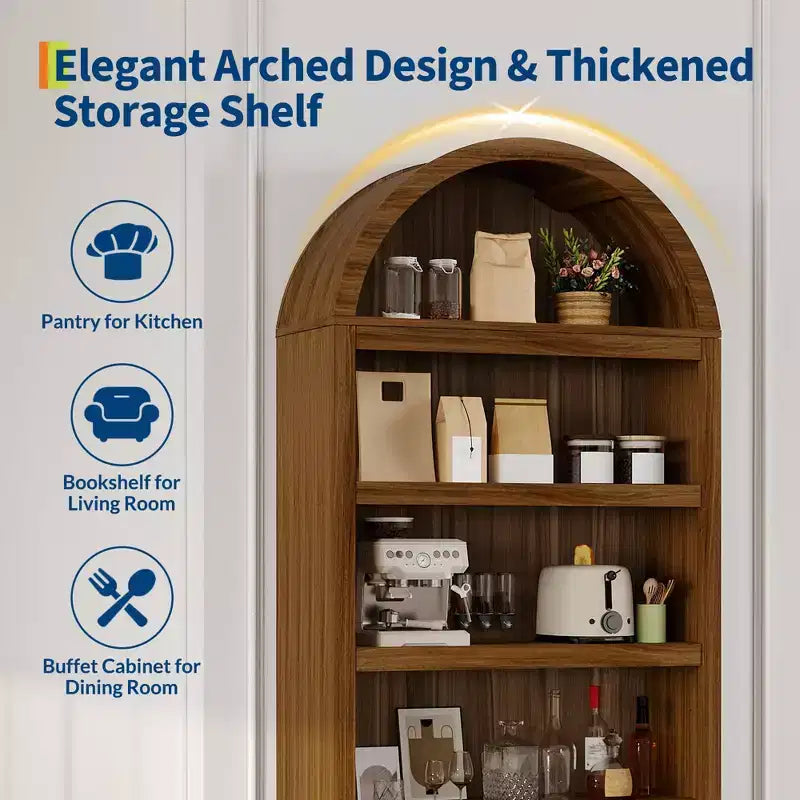 Garde-manger haut arqué de 71 po, meuble de rangement autoportant à 6 niveaux avec tiroir, étagère à livres blanche moderne avec étagères ouvertes et conception anti-basculement