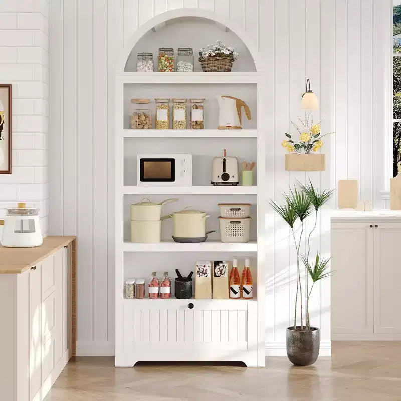 Garde-manger haut arqué de 71 po, meuble de rangement autoportant à 6 niveaux avec tiroir, étagère à livres blanche moderne avec étagères ouvertes et conception anti-basculement