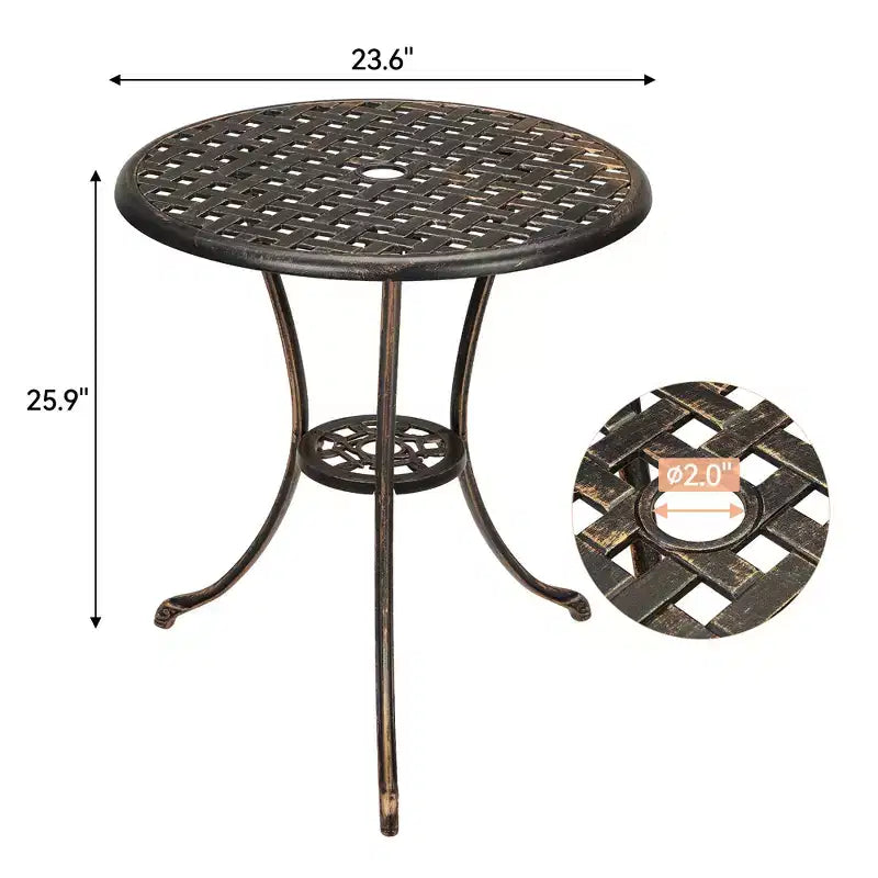 Table de bistro, table à manger ronde rétro en fonte d'aluminium avec trou pour parasol de 5 cm, table de bistro hauteur pub pour porche, jardin, cour, balcon