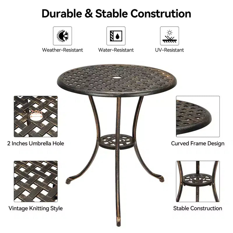 Table de bistro, table à manger ronde rétro en fonte d'aluminium avec trou pour parasol de 5 cm, table de bistro hauteur pub pour porche, jardin, cour, balcon