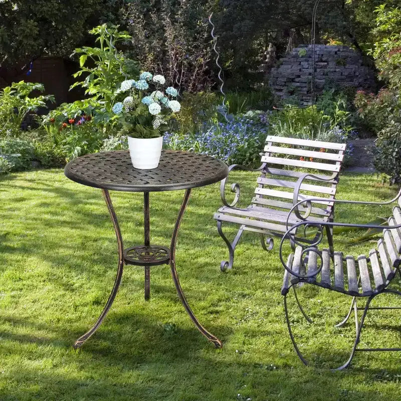 Table de bistro, table à manger ronde rétro en fonte d'aluminium avec trou pour parasol de 5 cm, table de bistro hauteur pub pour porche, jardin, cour, balcon