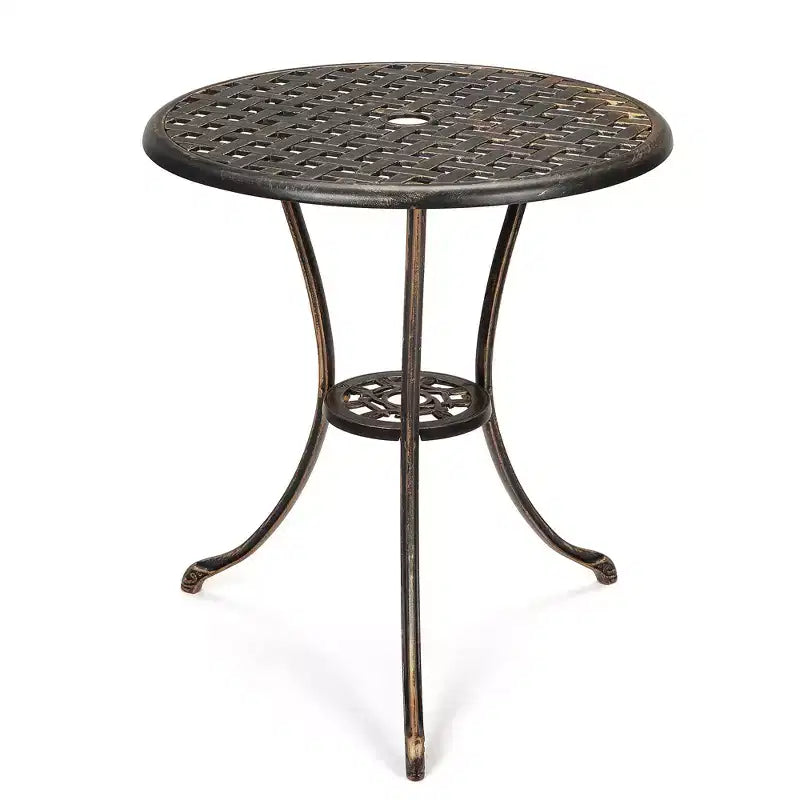 Table de bistro, table à manger ronde rétro en fonte d'aluminium avec trou pour parasol de 5 cm, table de bistro hauteur pub pour porche, jardin, cour, balcon